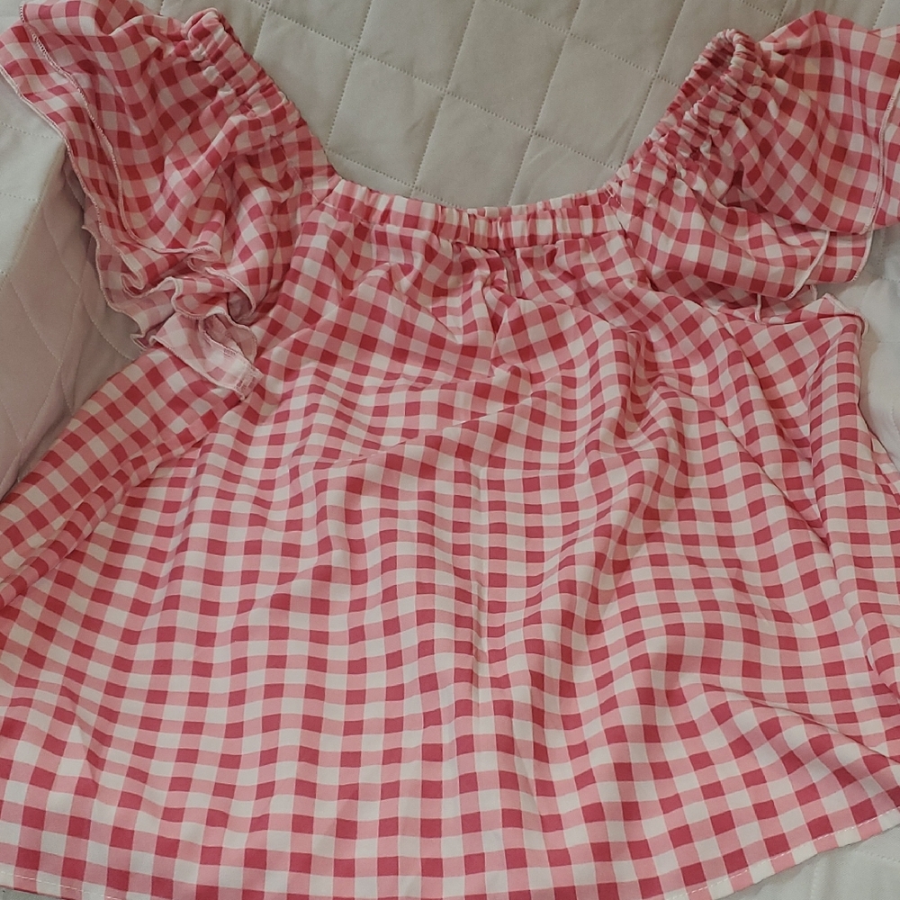 SHEIN Pink and White Gingham Off-Shoulder Blouse